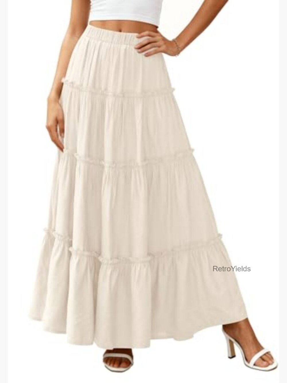 Boho Maxi Skirt with Pockets High Waisted Tiered A-Line Flowy Long Skirt - Picture 6 of 7